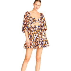 AMUR Navy Floral Cutout Mini Dress with Mustard and White Flowers